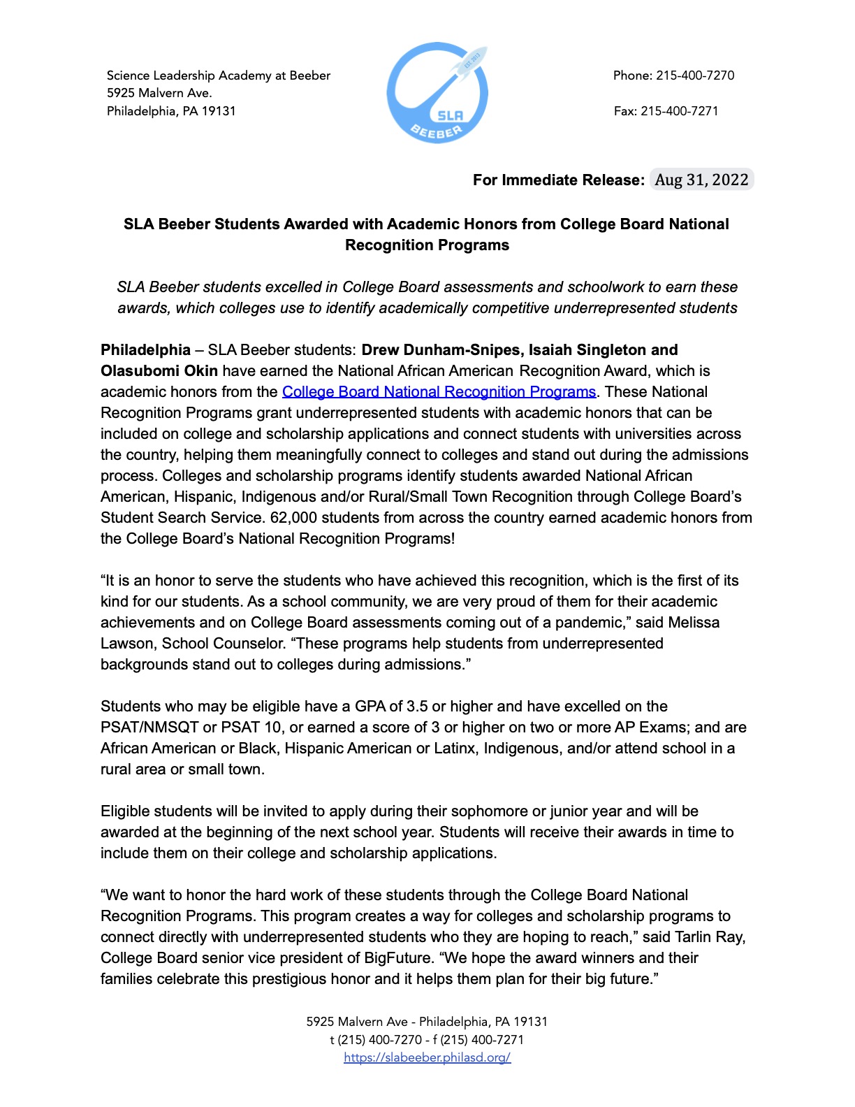 College Board Press Release - Science Leadership Academy at Beeber